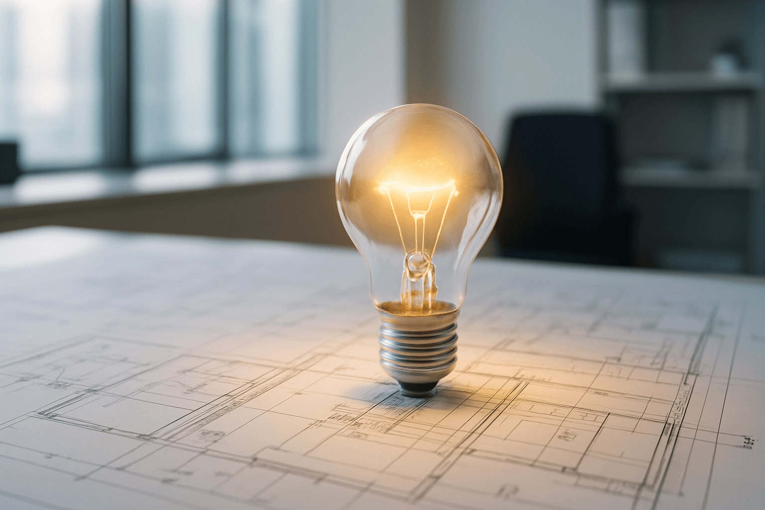Light bulb glowing over architectural blueprints.